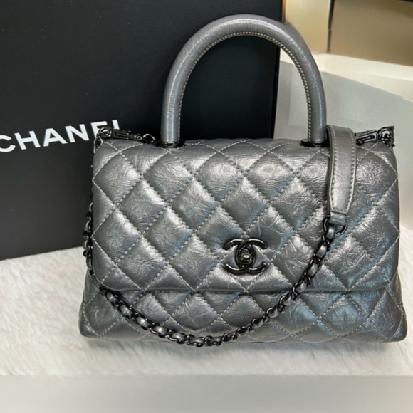 🔥Chanel Metalic Crumpled Calfskin Coco Top Handle Mini Bag Full Inclusion - Picture 9 of 14